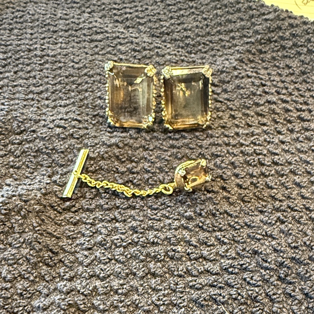 Elegant Gold colored and Brown Jewelry Set cufflinks and tie pin